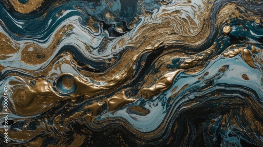 An abstract painting with gold and blue colors. Generative ai