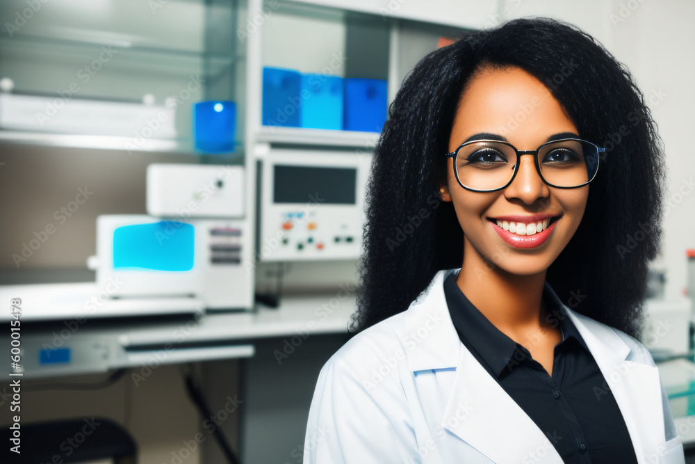 A female scientist in a lab coat stands in a laboratory filled with scientific equipment. Black woman, science, work concept created with generative AI. A female scientist in a lab coat stands in a laboratory filled with scientific equipment. Black woman, science, work concept created with generative AI.