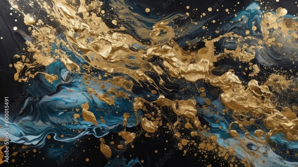 A painting with a vibrant gold and blue color scheme. Generative ai