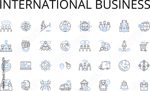 International business line icons collection. Global commerce, Foreign trade, Multinational affairs, Transnational dealings, World economics, Cross-border ventures, Intercontinental transactions