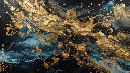A painting with a vibrant gold and blue color scheme. Generative ai