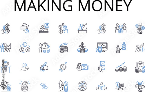 Making money line icons collection. Earning wages, Gaining profits, Accumulating wealth, Securing income, Receiving compensation, Harvesting revenue, Acquiring capital vector and linear illustration