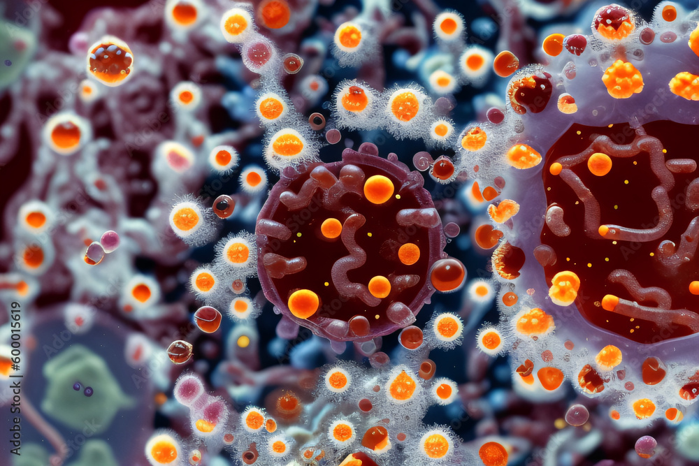 3D macro closeup of lab petri dish reveals bacteria and virus cells. Science, complexity, research concept created with generative AI. 3D macro closeup of lab petri dish reveals bacteria and virus cells. Science, complexity, research concept created with generative AI.
