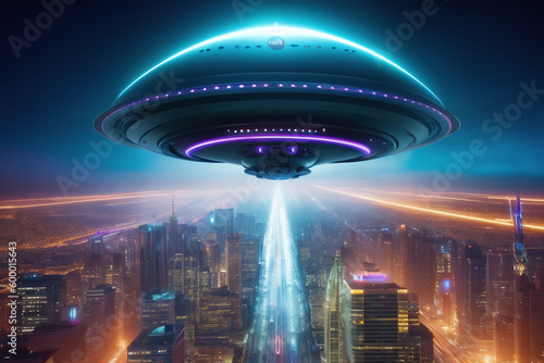 Illuminated night cityscape, alien ship flying above, epic sci-fi themed image. Futuristic, alien, night concept created with generative AI.