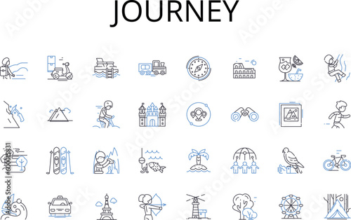 Journey line icons collection. Adventure, Voyage, Excursion, Passage, Trekking, Expedition, Exploration vector and linear illustration. Odyssey,Pilgrimage,Jaunt outline signs set