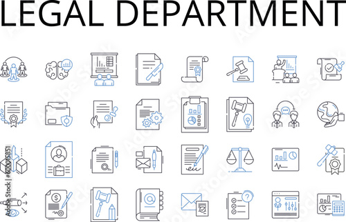 Legal department line icons collection. Marketing team, Research division, Finance department, Human resources, Sales staff, Customer service, Production unit vector and linear illustration. Executive