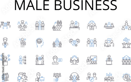 Male business line icons collection. Masculine enterprise, Men's commerce, Gentlemen's industry, Blokes' sector, Guys' dealings, Manly trade, Masculine economy vector and linear illustration. Gents