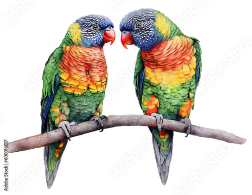Two Colorful Lorikeet Parrots . AI generated Illustration.