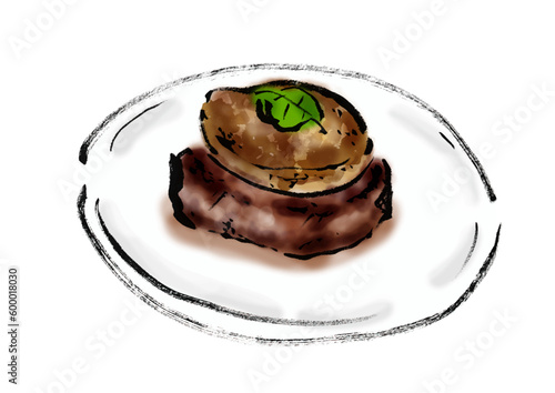ロッシーニ風フォアグラステーキの手描き和風イラスト