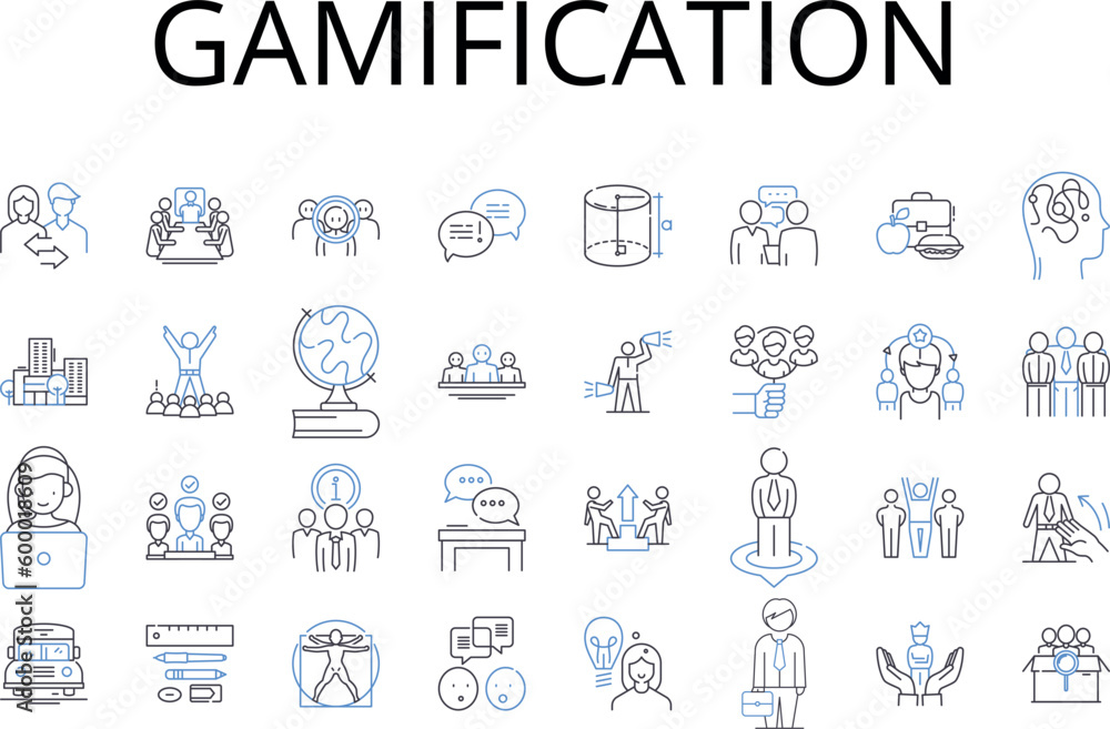 Gamification line icons collection. Skill-building, Puzzle-solving, Engagement strategy, Behavior modification, Motivational manipulation, Edutainment, Learning play vector and linear illustration