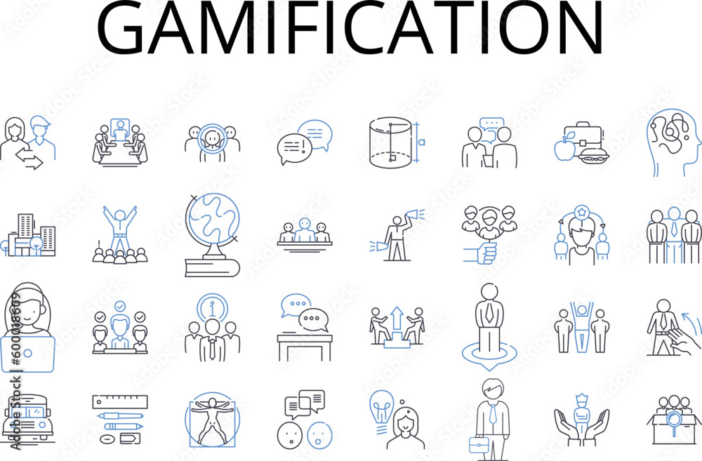 Gamification line icons collection. Skill-building, Puzzle-solving, Engagement strategy, Behavior modification, Motivational manipulation, Edutainment, Learning play vector and linear illustration Gamification line icons collection. Skill-building, Puzzle-solving, Engagement strategy, Behavior modification, Motivational manipulation, Edutainment, Learning play vector and linear illustration
