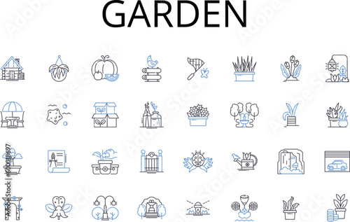 Garden line icons collection. Park, Lawn, Farm, Meadow, Orchard, Field, Botanical garden vector and linear illustration. Courtyard,Landscape,Green space outline signs set