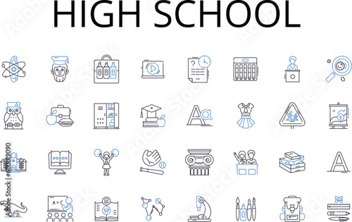 High school line icons collection. Middle school, Elementary school, Primary school, Higher education, Graduate school, Secondary education, Vocational school vector and linear illustration. College photo