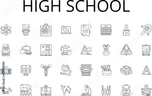 High school line icons collection. Middle school, Elementary school, Primary school, Higher education, Graduate school, Secondary education, Vocational school vector and linear illustration. College