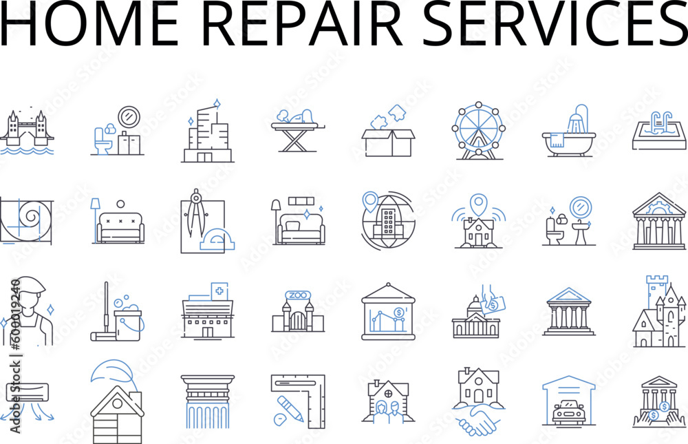 Home repair services line icons collection. Handyman services, Household maintenance, Property repair, Fixing up, Property restoration, Renovation services, Property improvement vector and linear