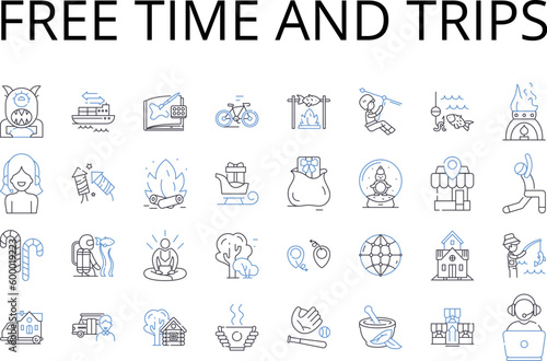 Free time and trips line icons collection. Leisure, Vacation, Retreat, Respite, Break, Getaway, Holiday vector and linear illustration. Time off,Relaxation,Excursion outline signs set