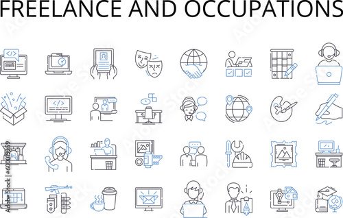 Freelance and occupations line icons collection. Self-employed, Consultant, Contractor, Entrepreneur, Independent, Solopreneur, Gig worker vector and linear illustration. Virtual assistant,Creative