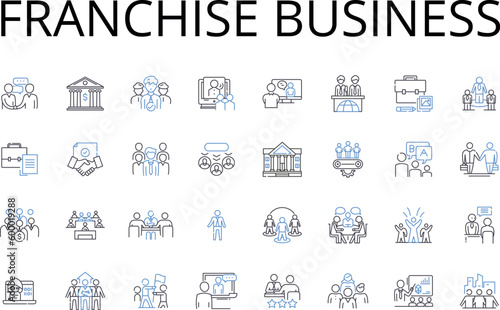 Franchise business line icons collection. Business model, Business opportunity, Chain operation, Company system, Corporate framework, Dealership nerk, Entrepreneurial venture vector and linear