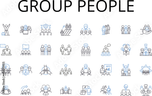 Group people line icons collection. Bunch crowd, Assembly congregation, Gathering party, Team squad, Pair couple, Duo some, Trio threesome vector and linear illustration. Quartet foursome,Mob throng