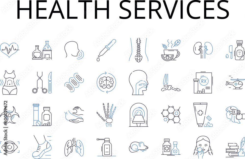 Health services line icons collection. Medical care, Wellness facilities, Healthcare institutions, Physical therapy, Healthcare providers, Holistic health, Clinical practice vector and linear