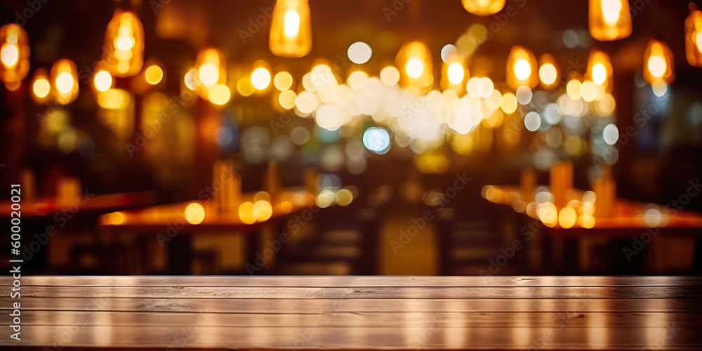 Wooden table in front of abstract blurred restaurant lights background