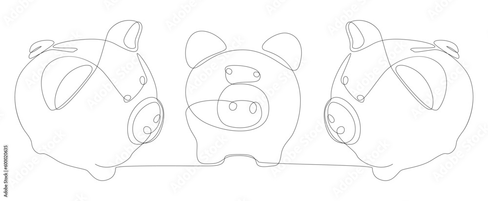 One continuous line of Piggy Banks. Thin Line Illustration vector concept. Contour Drawing Creative ideas. One continuous line of Piggy Banks. Thin Line Illustration vector concept. Contour Drawing Creative ideas.