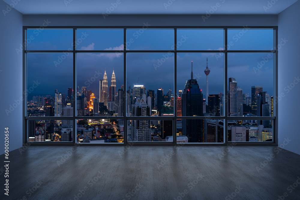 Empty room Interior Skyscrapers View Malaysia. Downtown Kuala Lumpur City Skyline Buildings from High Rise Window. Beautiful Expensive Real Estate overlooking. Night time. 3d rendering. - obrazy, fototapety, plakaty 