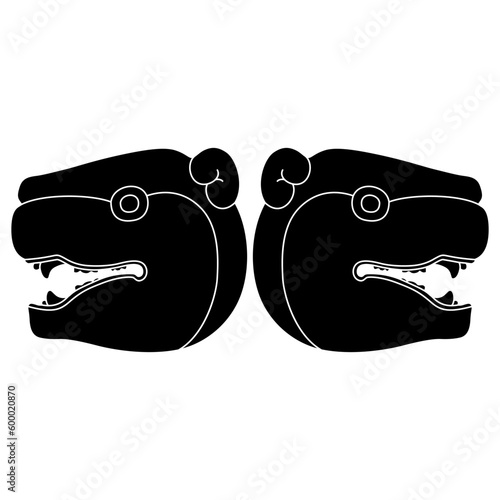 Symmetrical animal design with two jaguar heads. Maya Indians art. Black and white silhouette.