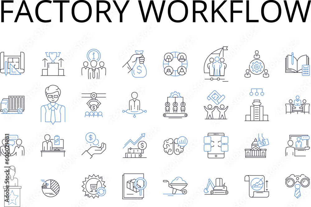 Factory workflow line icons collection. Company procedures, Business structure, Organizational process, Corporate operations, Firm methodology, Commercial arrangements, Enterprise protocols vector and Factory workflow line icons collection. Company procedures, Business structure, Organizational process, Corporate operations, Firm methodology, Commercial arrangements, Enterprise protocols vector and