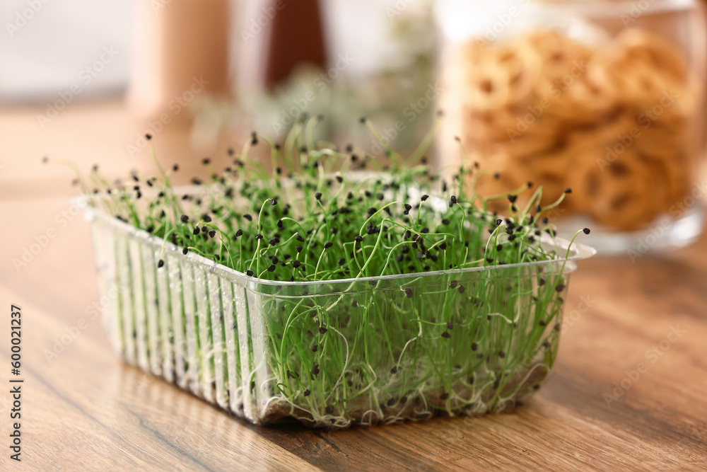 Obraz premium Plastic container with fresh micro green on table in kitchen