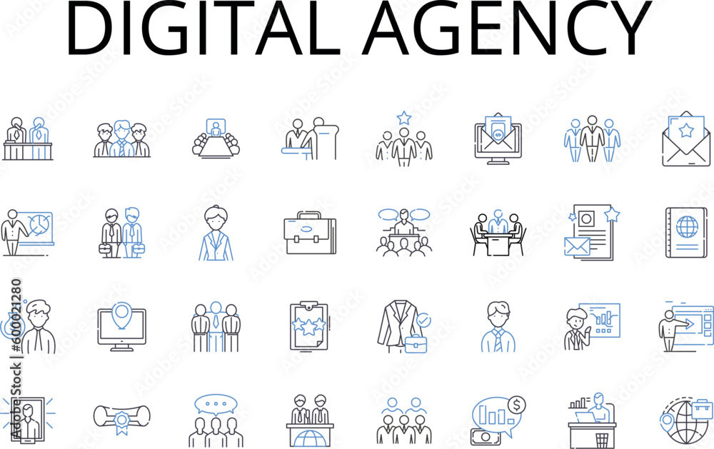 Digital Agency line icons collection. Creative Studio, Marketing Firm, Technology Company, Design Agency, Social Media, Branding Expert, Advertising Agency vector and linear illustration. Web Digital Agency line icons collection. Creative Studio, Marketing Firm, Technology Company, Design Agency, Social Media, Branding Expert, Advertising Agency vector and linear illustration. Web