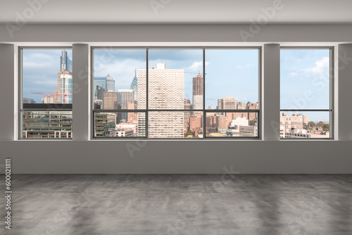 Empty room Interior Skyscrapers View Cityscape. Downtown Philadelphia City Skyline Buildings from High Rise Window. Beautiful Real Estate. Day time. 3d rendering.