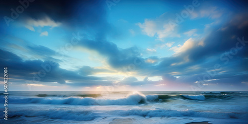 Summer ultramarine dawn in the morning on a wide sea beach. AI generation 