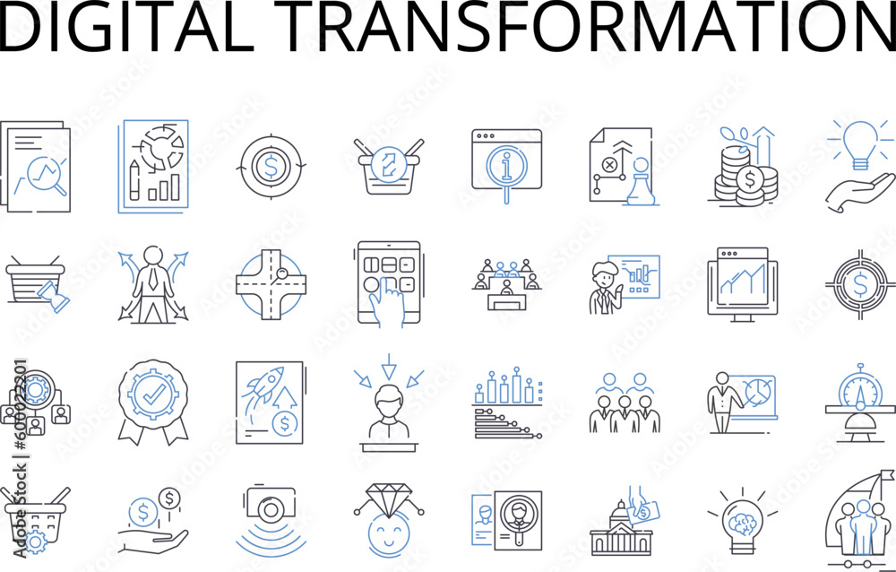 Digital Transformation line icons collection. Business Innovation , Market Disruption , Media Evolution , Cybersecurity Revolution , Social Media , Automation Process , Big Data vector and linear Digital Transformation line icons collection. Business Innovation , Market Disruption , Media Evolution , Cybersecurity Revolution , Social Media , Automation Process , Big Data vector and linear