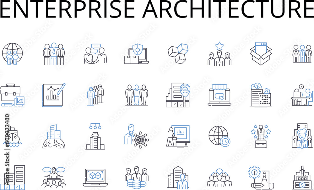 Enterprise architecture line icons collection. Business structure, Corporate blueprint, System analysis, Technical design, Strategic planning, Information management, Solution framework vector and Enterprise architecture line icons collection. Business structure, Corporate blueprint, System analysis, Technical design, Strategic planning, Information management, Solution framework vector and