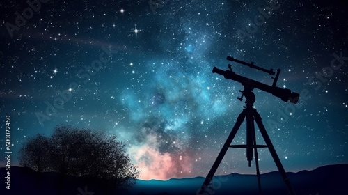 A telescope mounted on a wooden tripod under a starry night sky. Generative ai