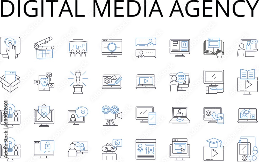 Digital media agency line icons collection. Creative studio, Marketing firm, Design agency, Advertising company, Branding agency, Communications firm, Public relations vector and linear illustration Digital media agency line icons collection. Creative studio, Marketing firm, Design agency, Advertising company, Branding agency, Communications firm, Public relations vector and linear illustration