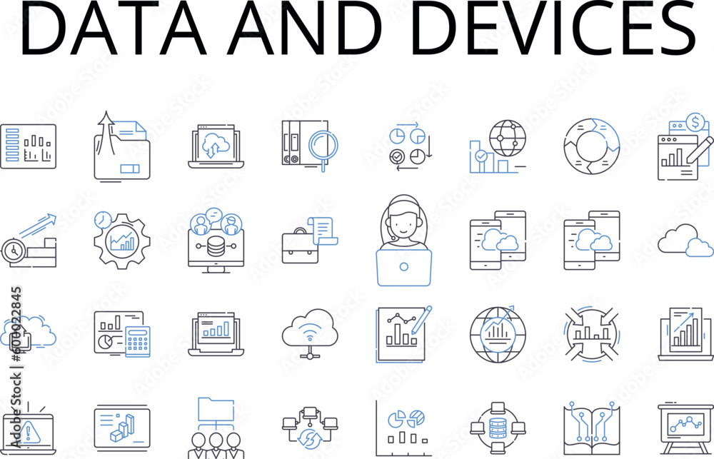 Data and devices line icons collection. Information and gadgets, Stats and tools, Facts and equipment, Figures and instruments, Records and machinery, Details and technology, Numbers and devices