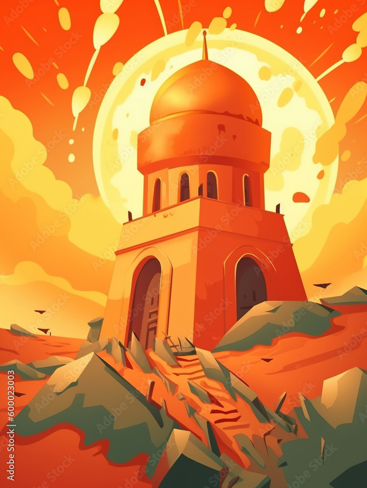 Islamic new year illustration with mosque. Generative AI.
