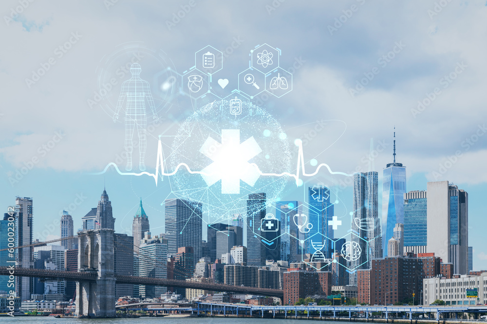 Brooklyn bridge with New York City Manhattan, financial downtown skyline panorama at day time over East River. Health care digital medicine hologram. The concept of treatment and disease prevention