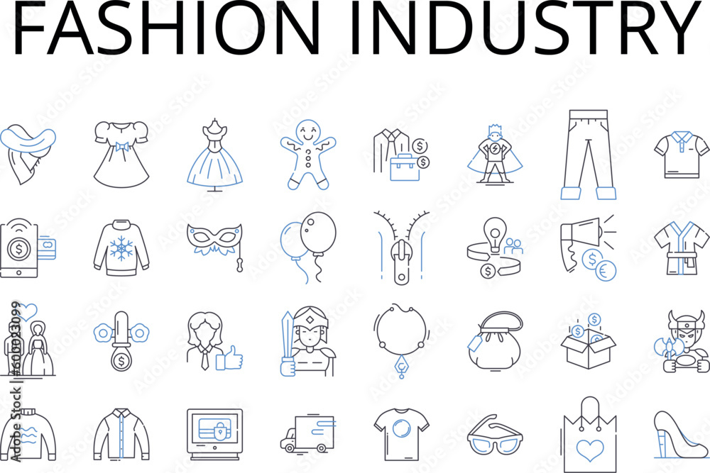 Fashion industry line icons collection. Beauty business, Car industry, Film industry, Food sector, Music industry, Textile trade, Media business vector and linear illustration. Tourism industry,Gaming