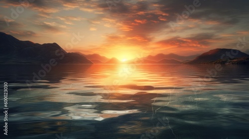 A serene sunset over a calm body of water. Generative ai