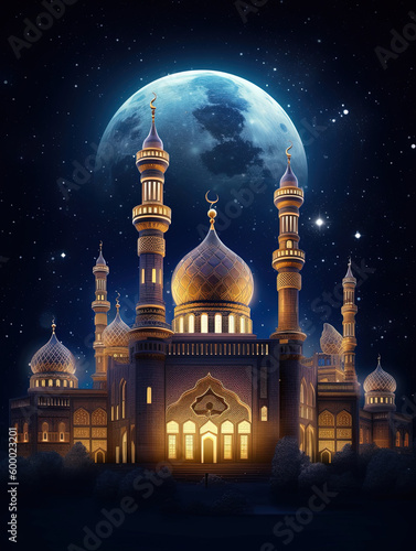 Islamic new year illustration with mosque. Generative AI. © Absent Satu