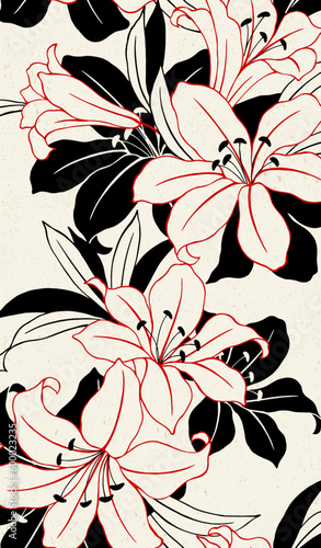 和柄　和風ユリの花柄　古典柄のデザイン素材