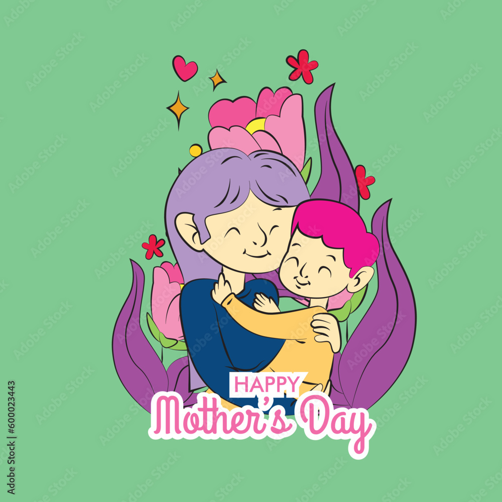 mother's day illustration with mom hug baby and floral frame mother's day illustration with mom hug baby and floral frame