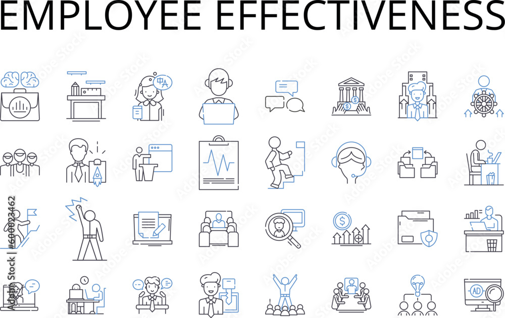 Employee effectiveness line icons collection. Team productivity, Efficient management, Workforce capacity, Resource utilization, Operational efficacy, Performance potential, Outcome proficiency vector