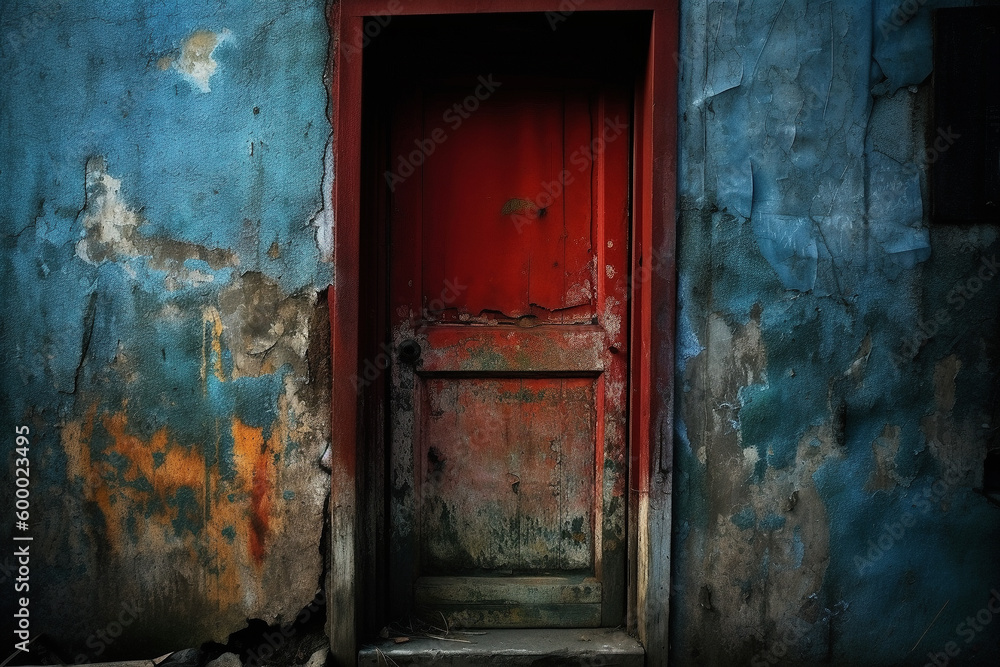 Closeup shot of a rusty red door with blue color peeling wall - Generative AI