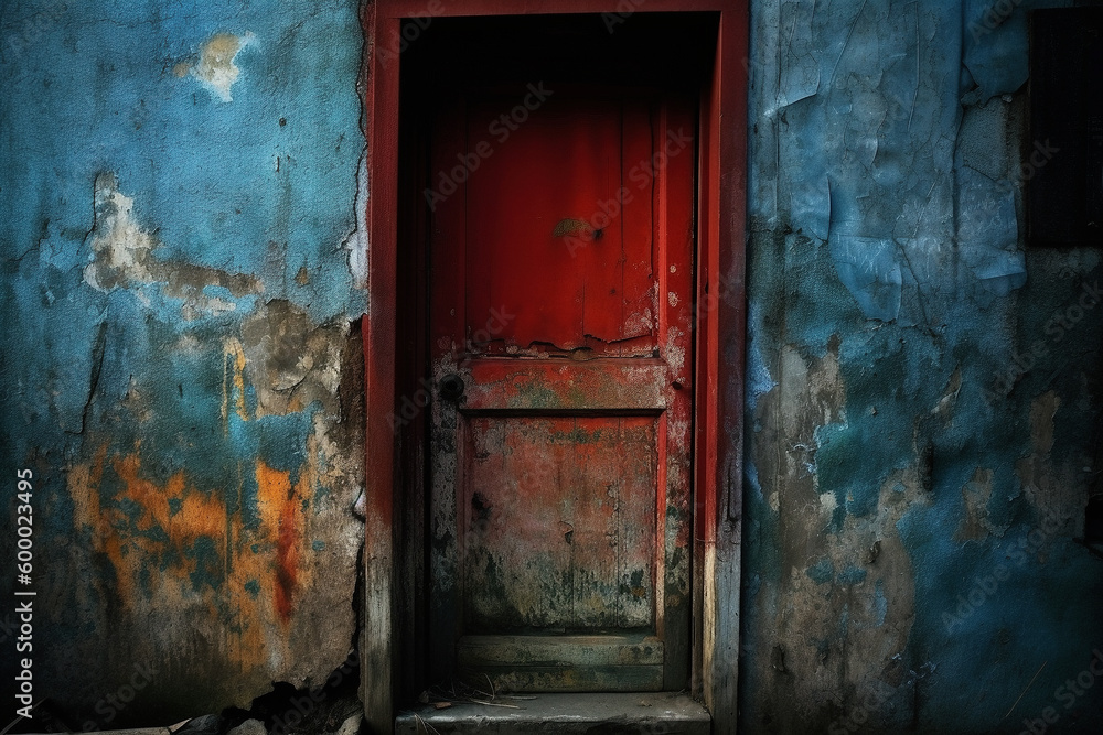 Closeup shot of a rusty red door with blue color peeling wall - Generative AI Closeup shot of a rusty red door with blue color peeling wall - Generative AI