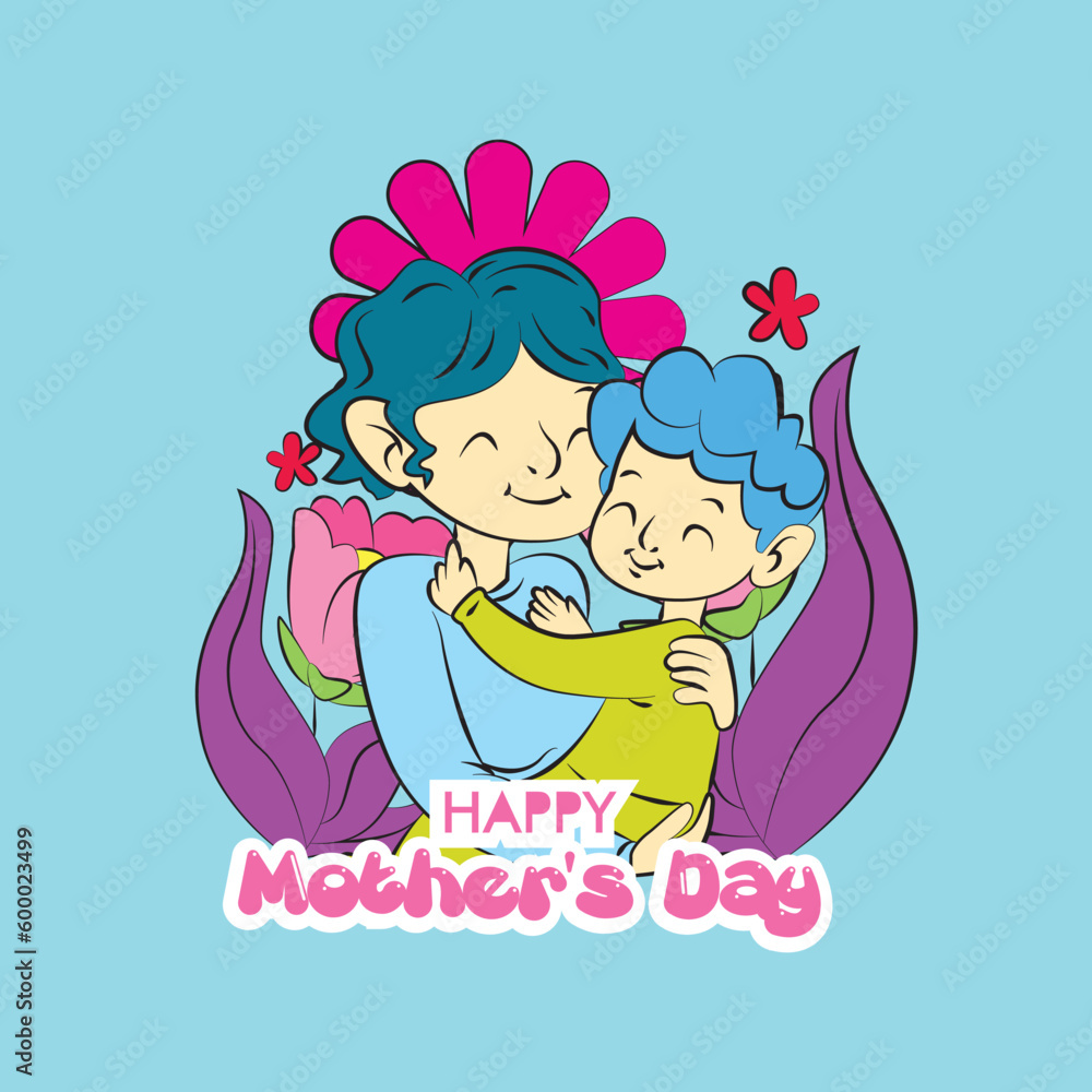mother's day illustration with mom hug baby and floral frame mother's day illustration with mom hug baby and floral frame