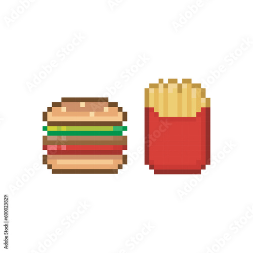 Burger and fries, pixel art food
